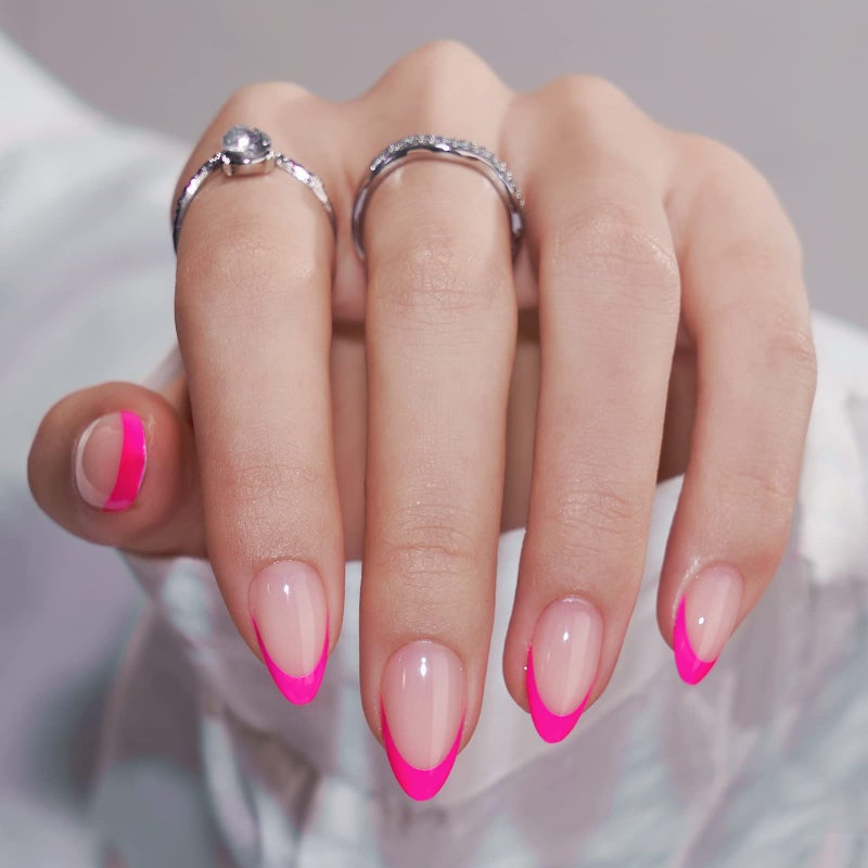 BTArtbox French Tip Press On Nails Almond - BTArtbox Hot Pink Short Stick On Nails for Women, Glue On Nails with Nail Glue in 16 Sizes - 32 Soft Gel Fake Nails Kit, Berry French - Image 2