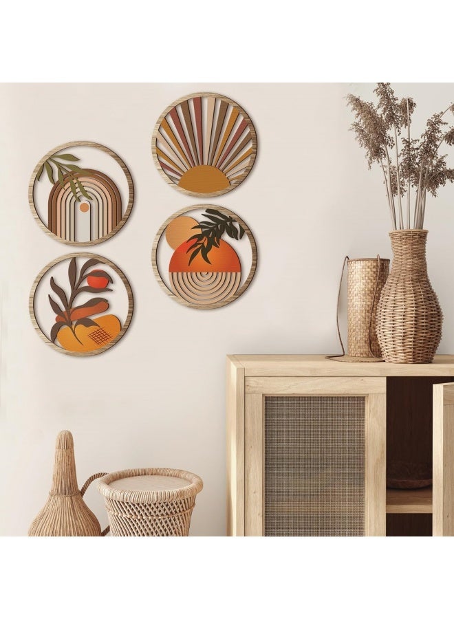 4 قطع من فن الحائط البوهيمي الخشبي الدائري لتزيين الحائط، معلق بشكل مجوف، ديكور غرفة الأطفال، تصميم هندسي ريفي معلق، 10 بوصات، خشبي جمالي بسيط، مناسب للشقة، غرفة النوم، الحمام، هدية (أنيقة) - Image 4