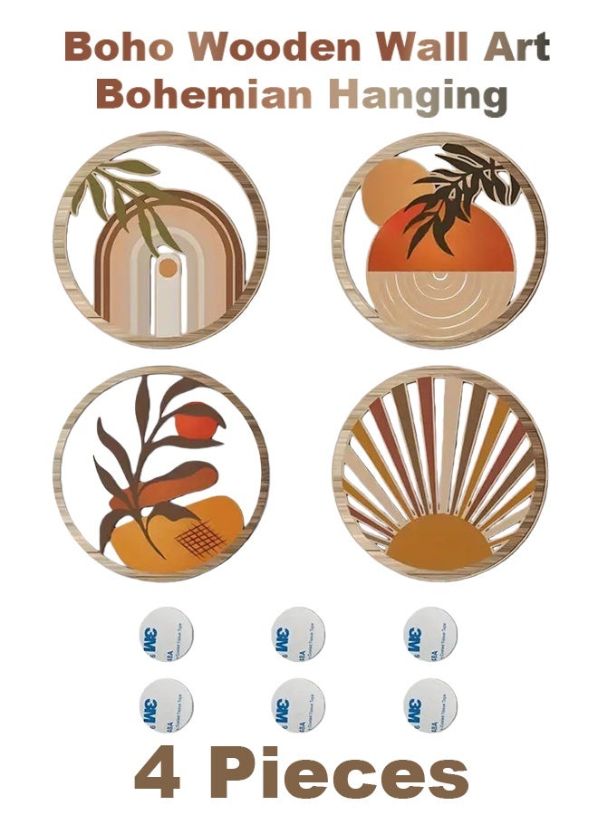 4 قطع من فن الحائط البوهيمي الخشبي الدائري لتزيين الحائط، معلق بشكل مجوف، ديكور غرفة الأطفال، تصميم هندسي ريفي معلق، 10 بوصات، خشبي جمالي بسيط، مناسب للشقة، غرفة النوم، الحمام، هدية (أنيقة) - Image 1