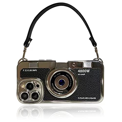 QoKcoahn Case Compatible with iPhone 15 Pro MaxCute 3D Vintage Camera Phone Cover with Hand Strap Unique Cool Silicone TPU Case Shockproof Protector Women Girls for iPhone 15 Pro Max Black - Image 1
