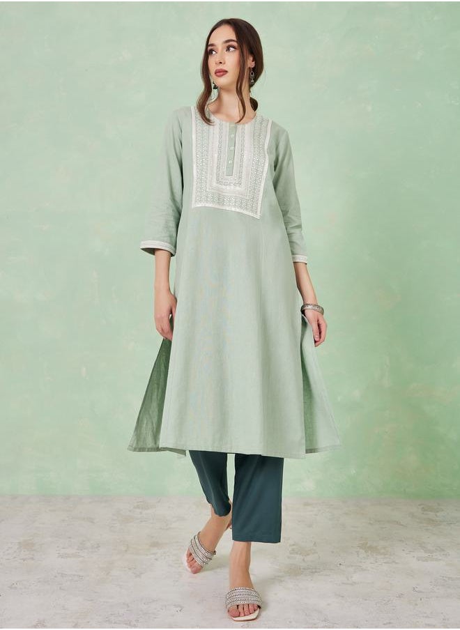 Styli - Cotton Embroidered Kurta with Side Slit - Image 1