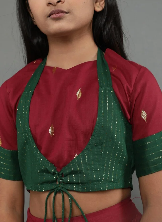 AKS Maroon and Green Lehenga Choli Set for Girls