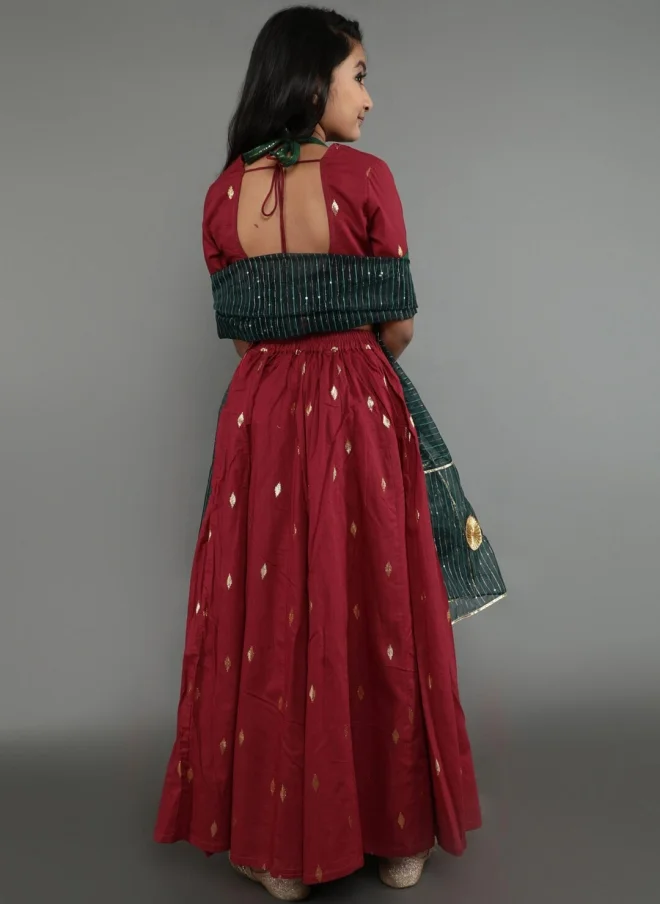 AKS Maroon and Green Lehenga Choli Set for Girls