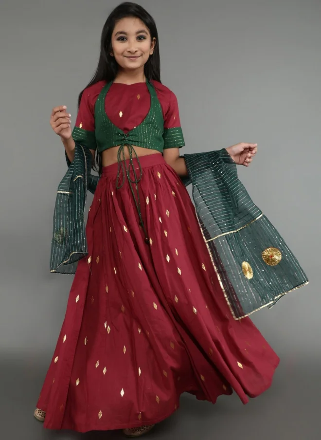 AKS Maroon and Green Lehenga Choli Set for Girls