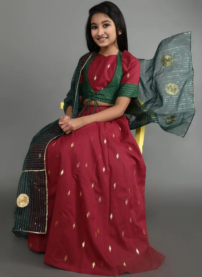 AKS Maroon and Green Lehenga Choli Set for Girls