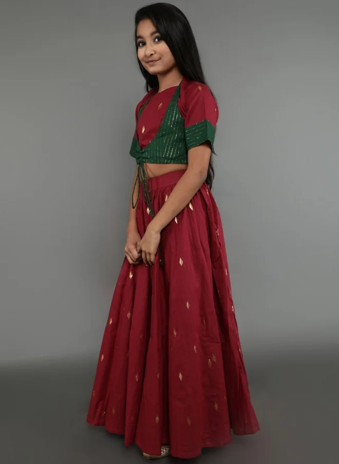 AKS Maroon and Green Lehenga Choli Set for Girls