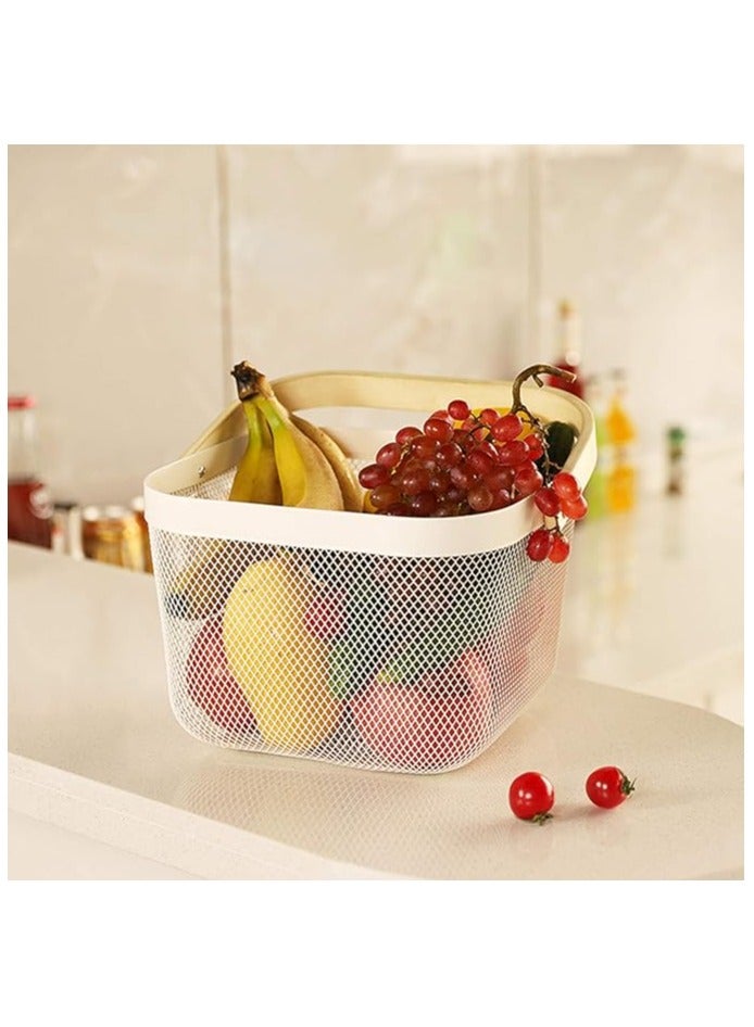 سلة معدنية شبكية من الستيل من اجيودا، سلة تنظيم وتخزين متعددة الوظائف، سلال مطبخ معلقة، سلة فاكهة مع مقبض من الخيزران للمطبخ والحمام والنزهات والتسوق وديكور الخزانة والمنزل، ابيض - Image 2