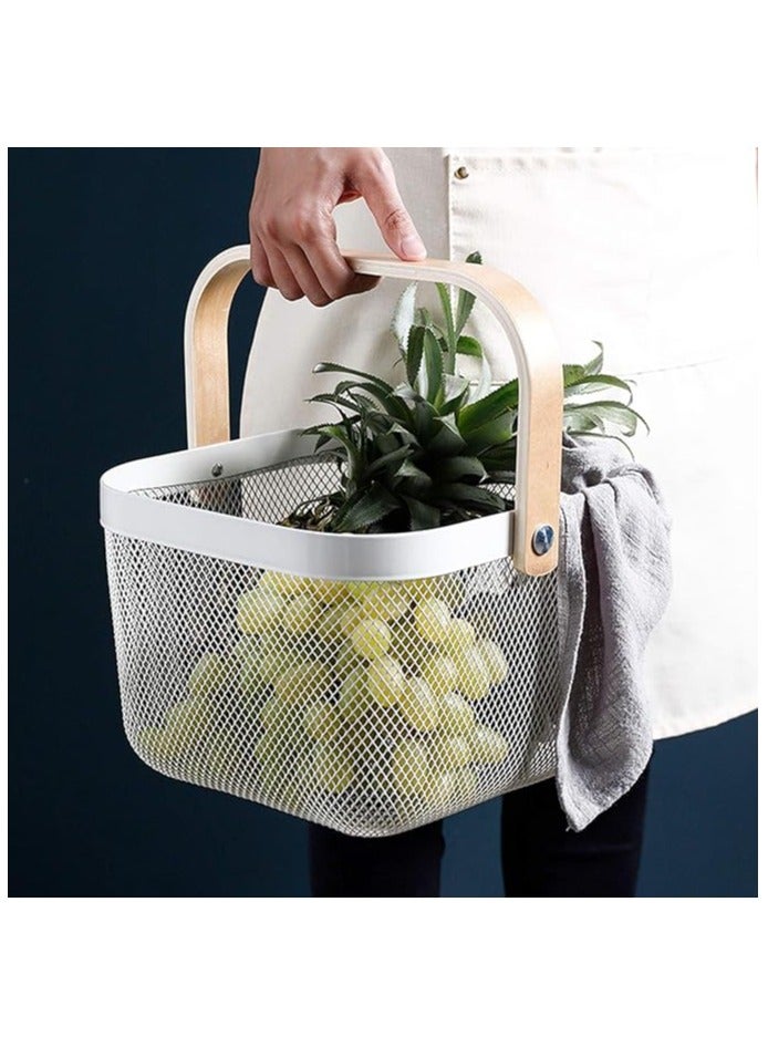 سلة معدنية شبكية من الستيل من اجيودا، سلة تنظيم وتخزين متعددة الوظائف، سلال مطبخ معلقة، سلة فاكهة مع مقبض من الخيزران للمطبخ والحمام والنزهات والتسوق وديكور الخزانة والمنزل، ابيض - Image 5