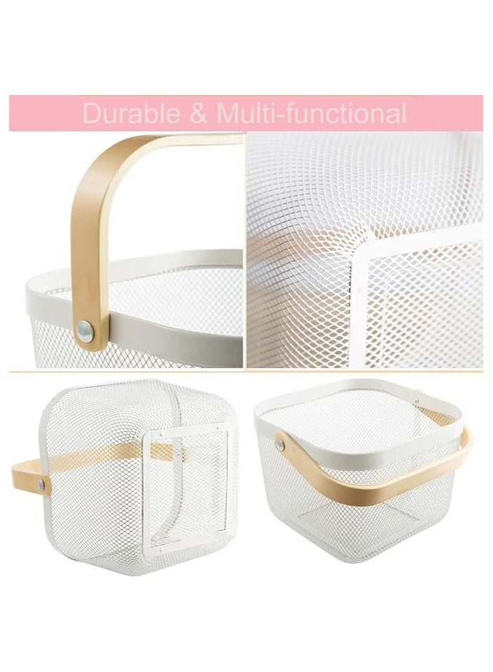 سلة معدنية شبكية من الستيل من اجيودا، سلة تنظيم وتخزين متعددة الوظائف، سلال مطبخ معلقة، سلة فاكهة مع مقبض من الخيزران للمطبخ والحمام والنزهات والتسوق وديكور الخزانة والمنزل، ابيض - Image 3