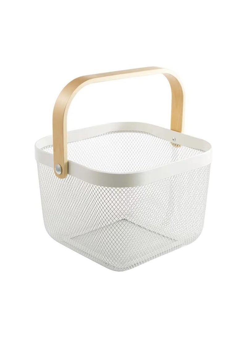 سلة معدنية شبكية من الستيل من اجيودا، سلة تنظيم وتخزين متعددة الوظائف، سلال مطبخ معلقة، سلة فاكهة مع مقبض من الخيزران للمطبخ والحمام والنزهات والتسوق وديكور الخزانة والمنزل، ابيض - Image 1