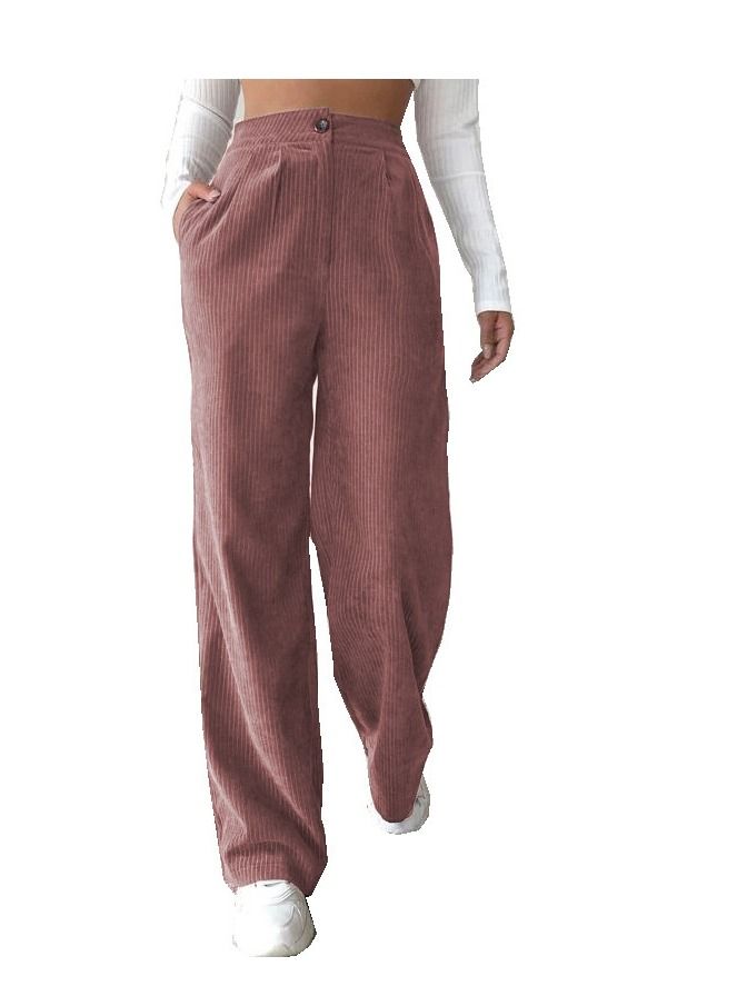 Loquat Women's Fashion New Solid Color Casual Corduroy High Waist Straight Pants 