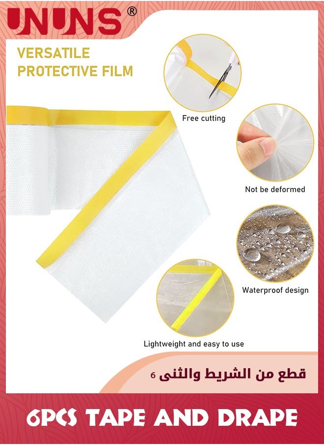 UNUNS - 6 Pack Tape And Drape,Pre-Taped Masking Film For Automotive Painting Covering,Assorted Masking Paper,Automotive Best Masking Tape Painting,3 Sizes - Image 1