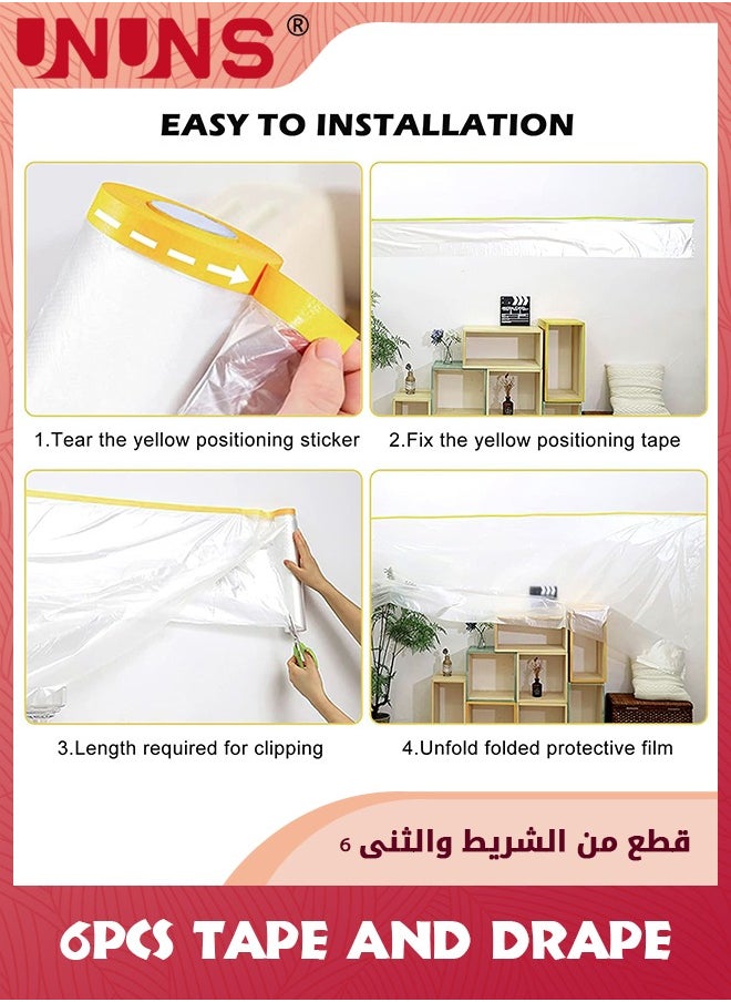 UNUNS - 6 Pack Tape And Drape,Pre-Taped Masking Film For Automotive Painting Covering,Assorted Masking Paper,Automotive Best Masking Tape Painting,3 Sizes - Image 1