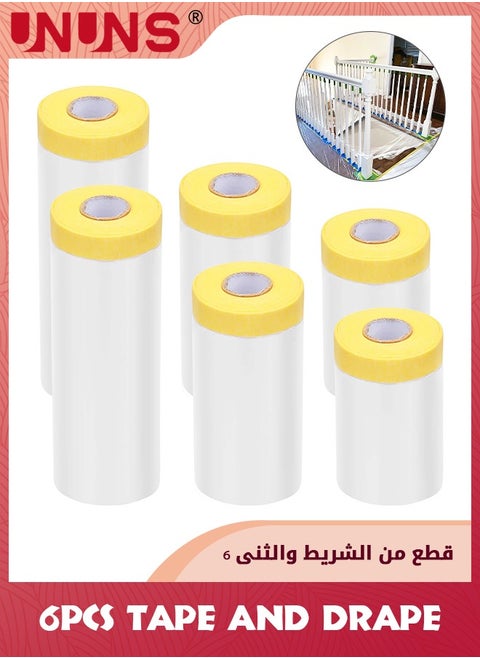 6 Pack Tape And Drape,Pre-Taped Masking Film For Automotive Painting Covering,Assorted Masking Paper,Automotive Best Masking Tape Painting,3 Sizes