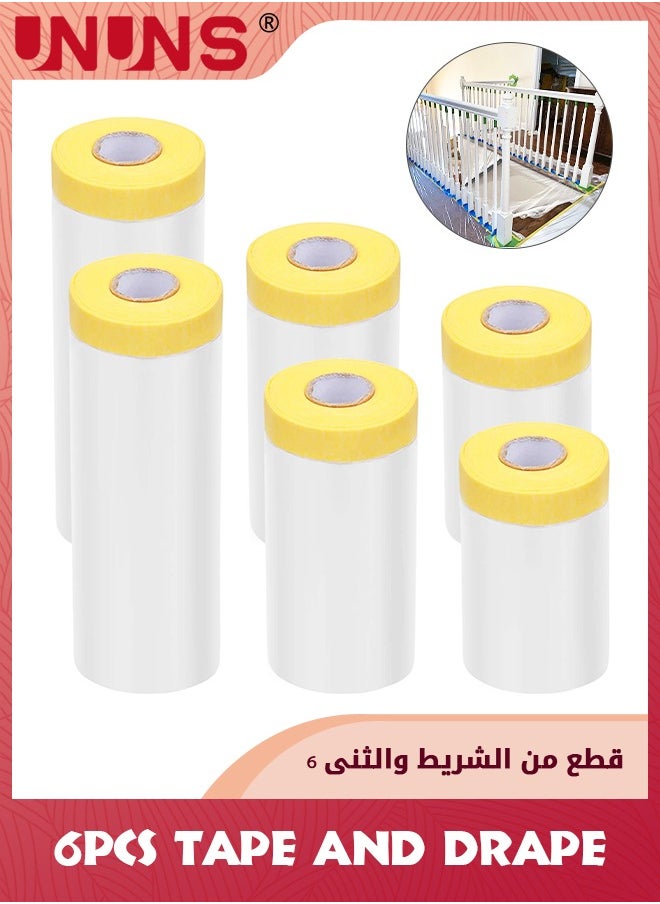 UNUNS - 6 Pack Tape And Drape,Pre-Taped Masking Film For Automotive Painting Covering,Assorted Masking Paper,Automotive Best Masking Tape Painting,3 Sizes - Image 1