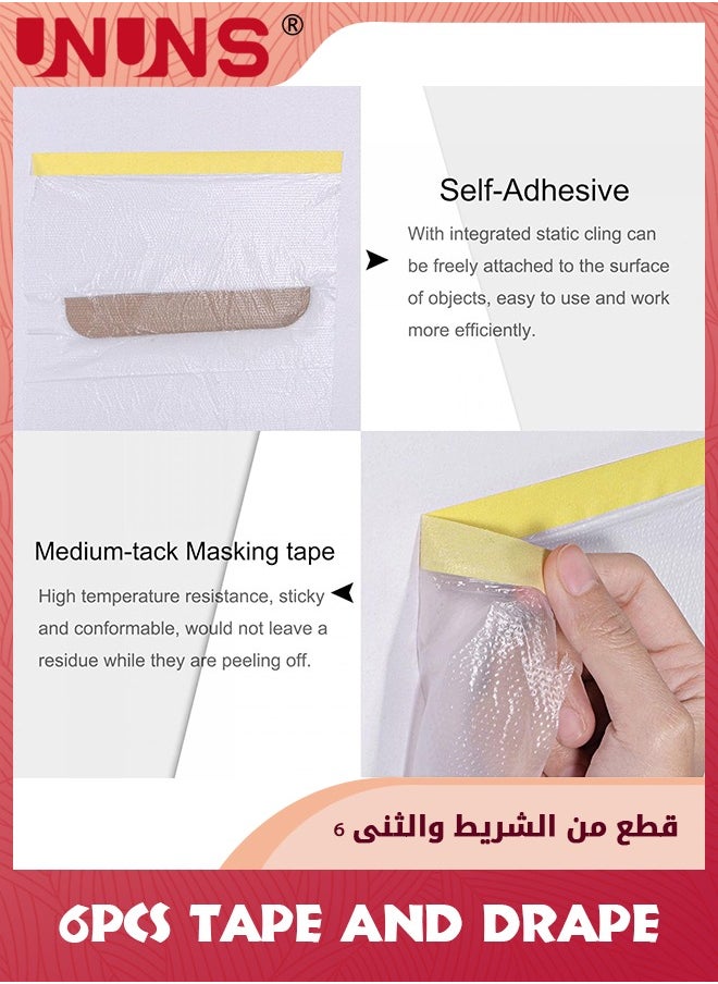 UNUNS - 6 Pack Tape And Drape,Pre-Taped Masking Film For Automotive Painting Covering,Assorted Masking Paper,Automotive Best Masking Tape Painting,3 Sizes - Image 1