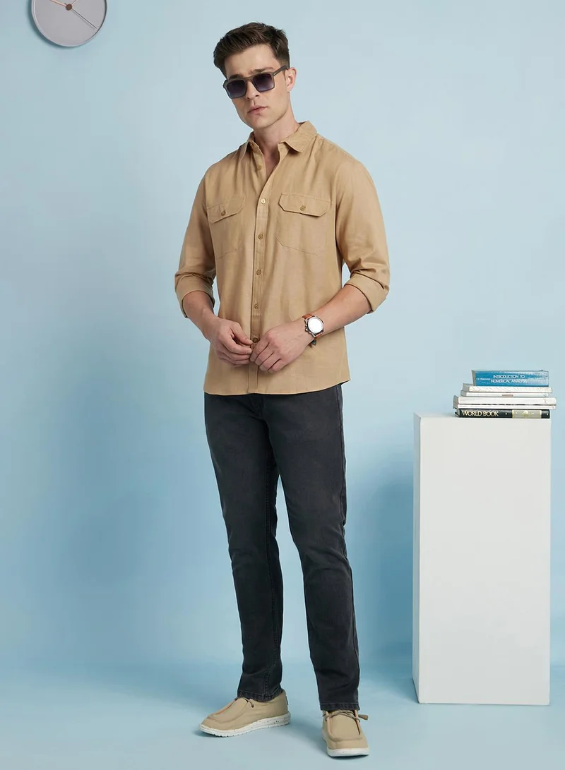 Dennis Lingo Beige Men's Beige Cotton Blend Solid Regular Fit Shirt for Men | Best Price UAE