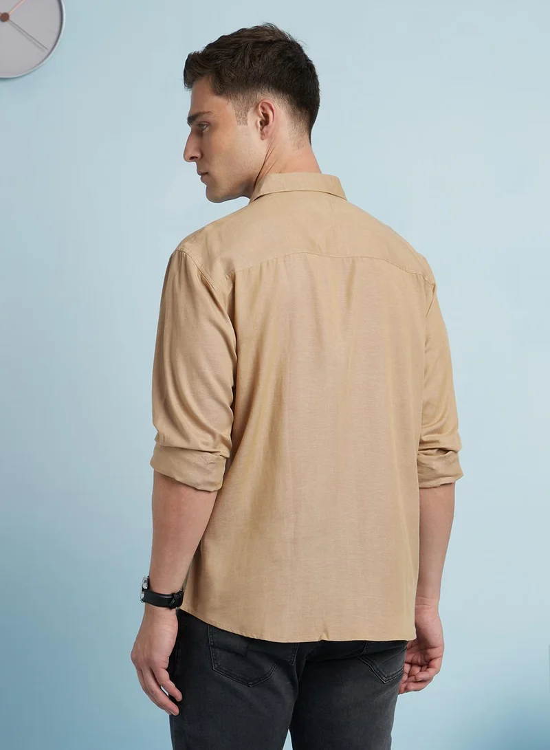 Dennis Lingo Beige Men's Beige Cotton Blend Solid Regular Fit Shirt for Men | Best Price UAE