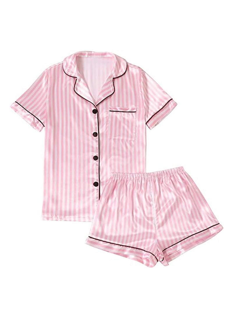 Caprisious Women's Striped Satin Pajamas: Short Sleeve Top & Shorts Set - Luxurious Comfort for Blissful Nights  - Image 1