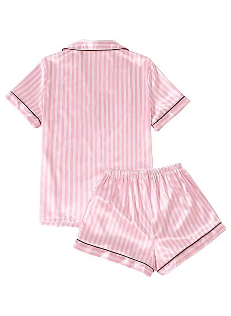 Caprisious Women's Striped Satin Pajamas: Short Sleeve Top & Shorts Set - Luxurious Comfort for Blissful Nights  - Image 2