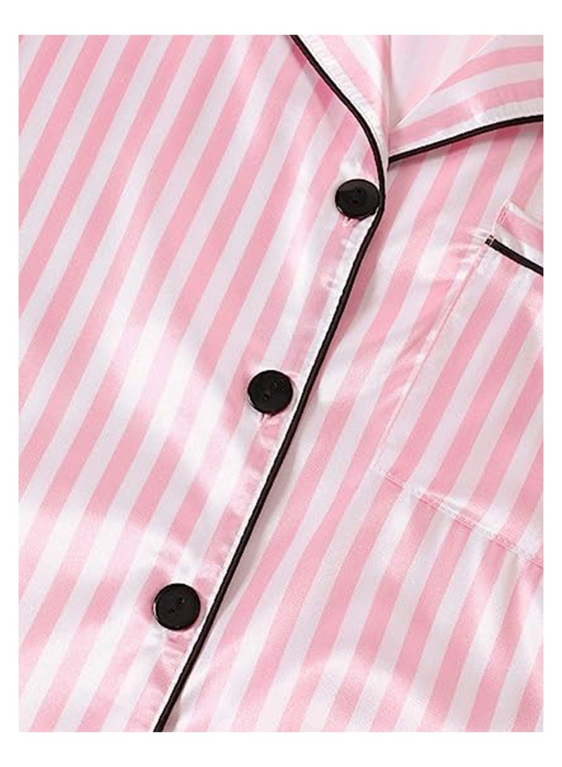 Caprisious Women's Striped Satin Pajamas: Short Sleeve Top & Shorts Set - Luxurious Comfort for Blissful Nights  - Image 5
