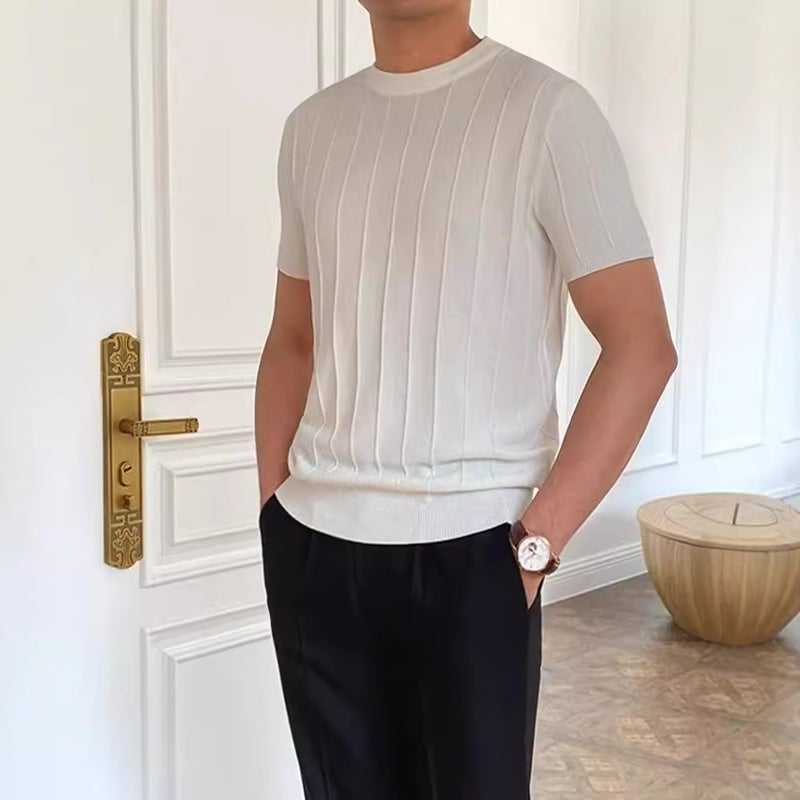 2024 Arrival Korean Style Slim-Fit Knitted Round Neck Short-Sleeved T-Shirt Men'S Trendy T-Shirt Yuppie T-Shirt Men - Image 2