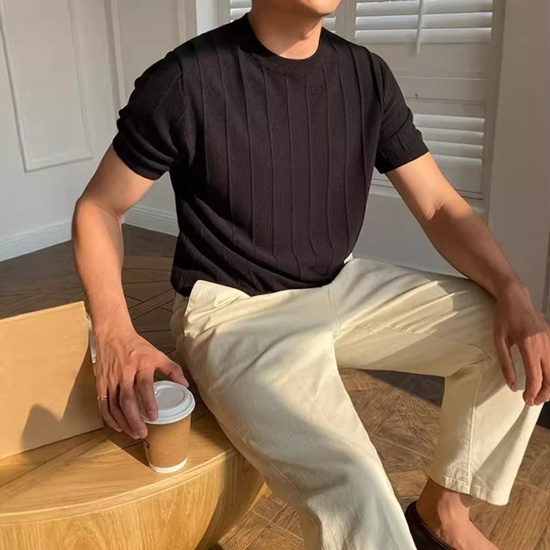 2024 Arrival Korean Style Slim-Fit Knitted Round Neck Short-Sleeved T-Shirt Men'S Trendy T-Shirt Yuppie T-Shirt Men - Image 3