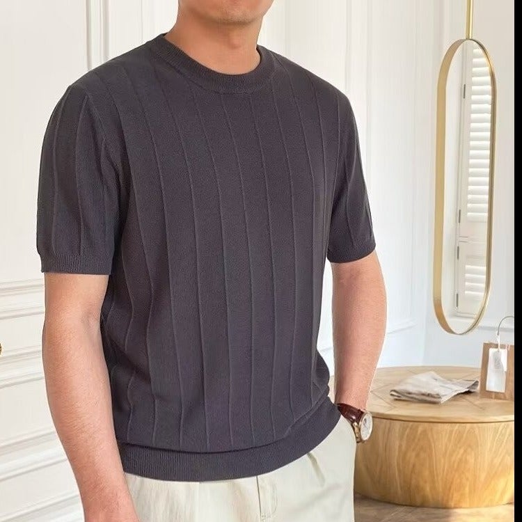 2024 Arrival Korean Style Slim-Fit Knitted Round Neck Short-Sleeved T-Shirt Men'S Trendy T-Shirt Yuppie T-Shirt Men - Image 1