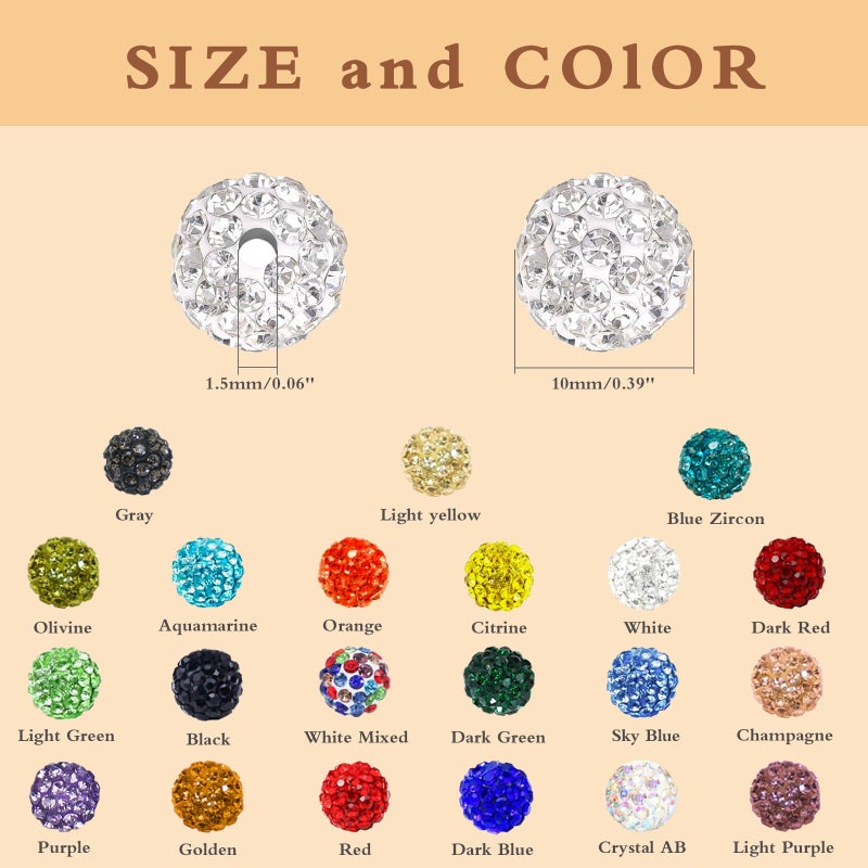 Jukercici 501 Pcs Rhinestone Bead Kit for Bracelet, 10mm Sparkle Clay Crystal Beads for Jewelry Making, 21 Colors Shiny Disco Ball Beads for Crafts Baseball Necklace Keychain Earrings DIY Decoration (Kit 1) - Image 2