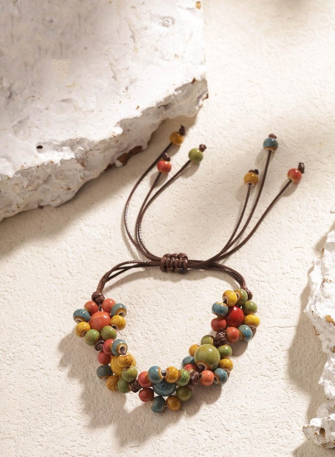 MINACHI Bohemian Colorful Ceramic Flower Bead Strand Bracelet, Adjustable Faux Leather Cord, Boho Hippie Summer Jewelry Gift for Women (MD0028) - Image 2