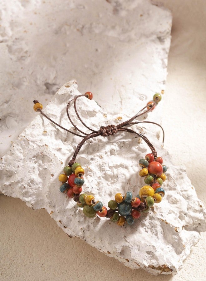 MINACHI Bohemian Colorful Ceramic Flower Bead Strand Bracelet, Adjustable Faux Leather Cord, Boho Hippie Summer Jewelry Gift for Women (MD0028) - Image 3