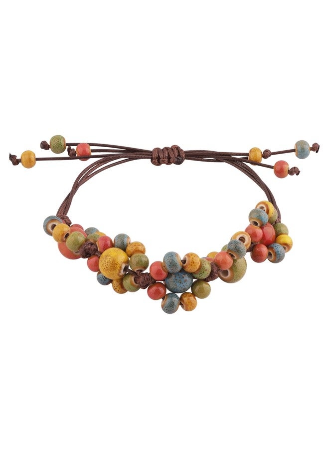 MINACHI Bohemian Colorful Ceramic Flower Bead Strand Bracelet, Adjustable Faux Leather Cord, Boho Hippie Summer Jewelry Gift for Women (MD0028) - Image 1