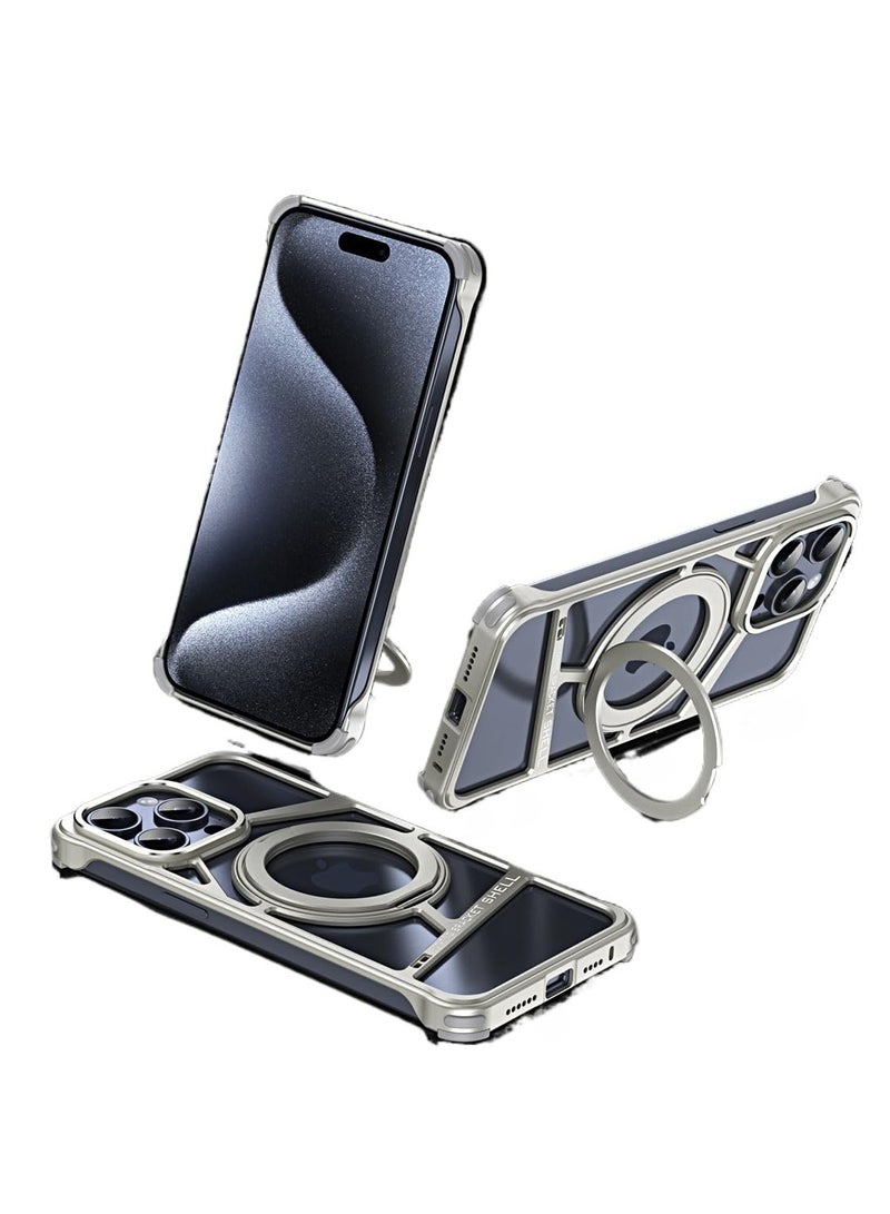 SYOSI New Metal Hollow Phone Case for iPhone 15 Pro Max, Protective Aluminum Bumper with Stand, Magnetic Suction Bracket, Heat Dissipation Design - Image 1