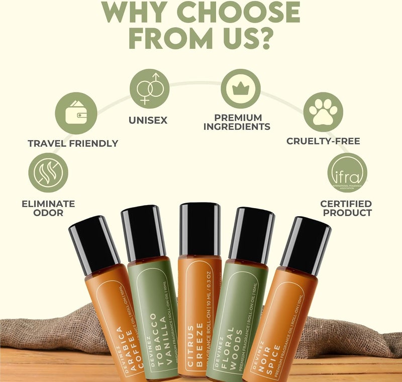 Devinez Perfume Oils Roll-On Combo of 5 (10ml Each) with Tobacco Vanilla, Citrus Breeze, Coffee Arabica, Floral Woods, Noir Spice Roll-Ons - Image 4