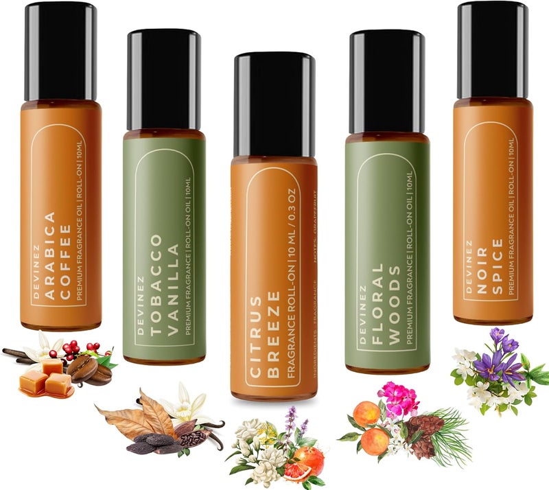 Devinez Perfume Oils Roll-On Combo of 5 (10ml Each) with Tobacco Vanilla, Citrus Breeze, Coffee Arabica, Floral Woods, Noir Spice Roll-Ons - Image 1