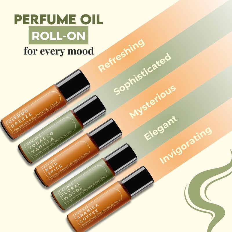 Devinez Perfume Oils Roll-On Combo of 5 (10ml Each) with Tobacco Vanilla, Citrus Breeze, Coffee Arabica, Floral Woods, Noir Spice Roll-Ons - Image 3