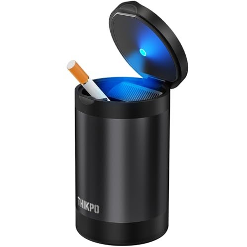 THIKPO Car Ashtray with Lid, Portable Ashtray for Car, Mini Car Trash Can, Detachable Stainless Steel Smokeless Ash Tray with LED Blue Light - Image 1