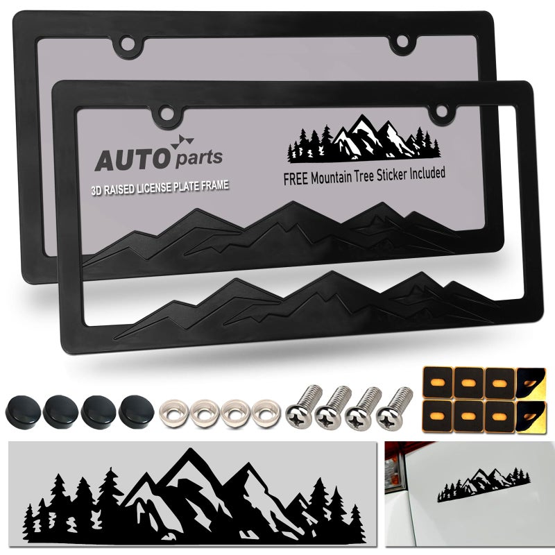 ZXFOOG Mountain License Plate Frames Plastic Black Car Tag Holder Bracket with Screws Caps Blackout 2 Packs 2 Hole Mountain Vinyl Sticker Included - Image 2