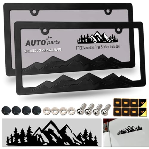 ZXFOOG Mountain License Plate Frames Plastic Black Car Tag Holder Bracket with Screws Caps Blackout 2 Packs 2 Hole Mountain Vinyl Sticker Included - Image 1
