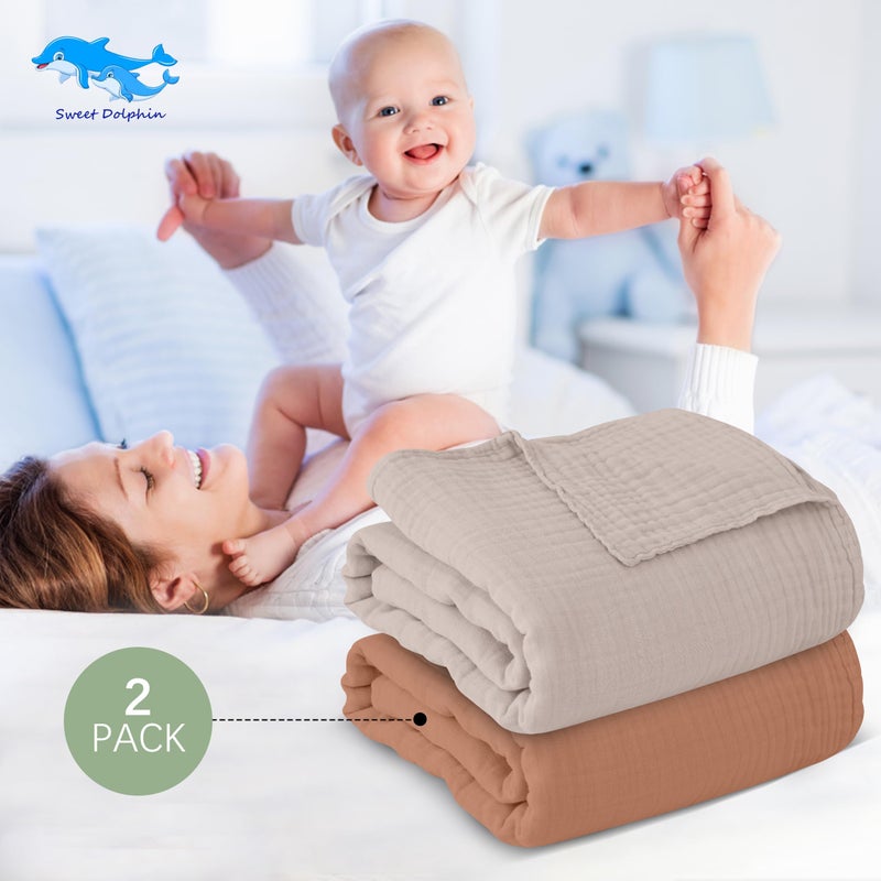 SWEET DOLPHIN Muslin Baby Bath Towels Blanket - 2 Pack 100% Cotton Towel for Babies, Infants, Toddlers - 40x40Inch - Highly Absorbent, Light Bean Paste - Image 3