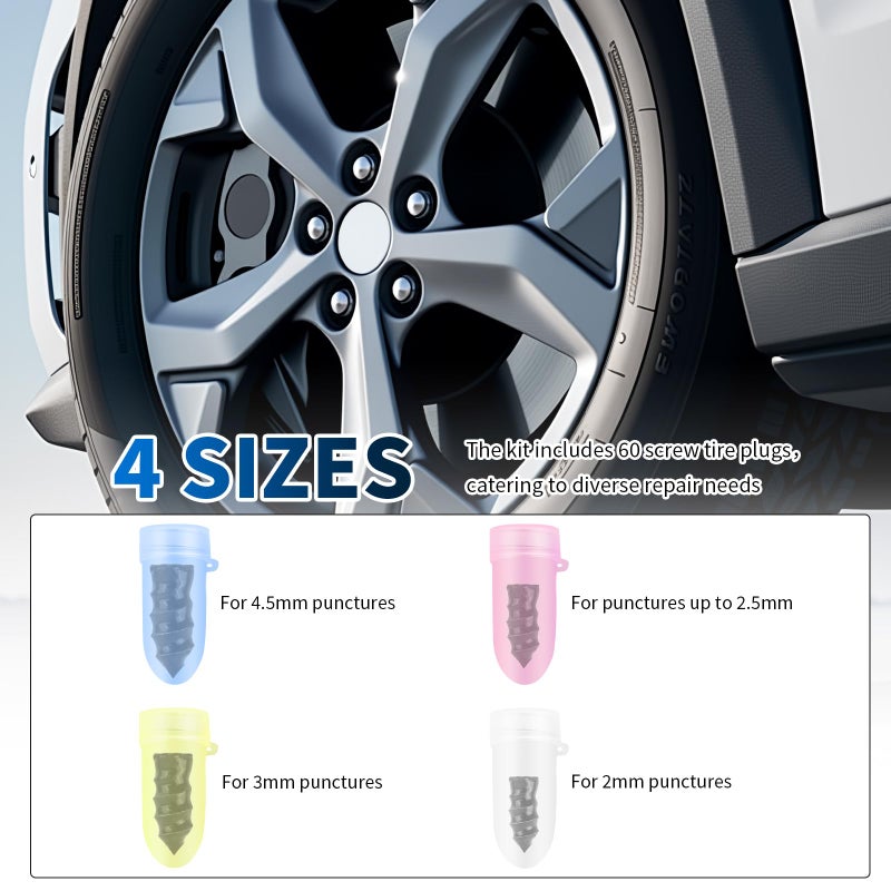 Figpade 4 Size 60PCS Heavy Duty Tire Plugs Kit with Screwdriver,Deep Threads Screw in Tire Plugs for Quick Puncture Repair,Professional Tires Repair Rubber Nail Kit for Car,Truck,SUV (4 Size 60PCS) - Image 3