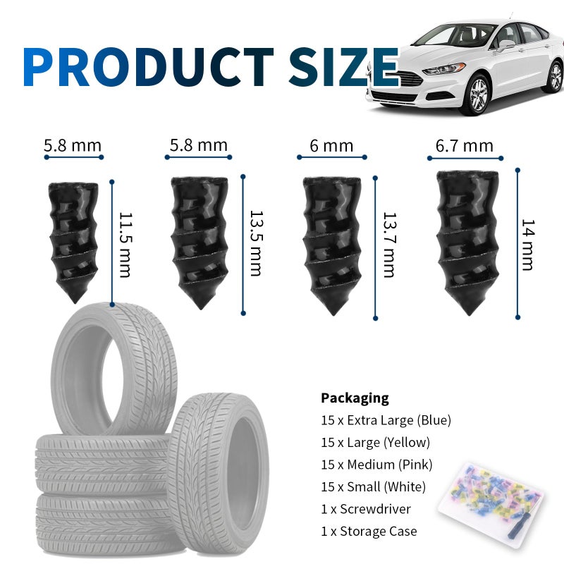 Figpade 4 Size 60PCS Heavy Duty Tire Plugs Kit with Screwdriver,Deep Threads Screw in Tire Plugs for Quick Puncture Repair,Professional Tires Repair Rubber Nail Kit for Car,Truck,SUV (4 Size 60PCS) - Image 2