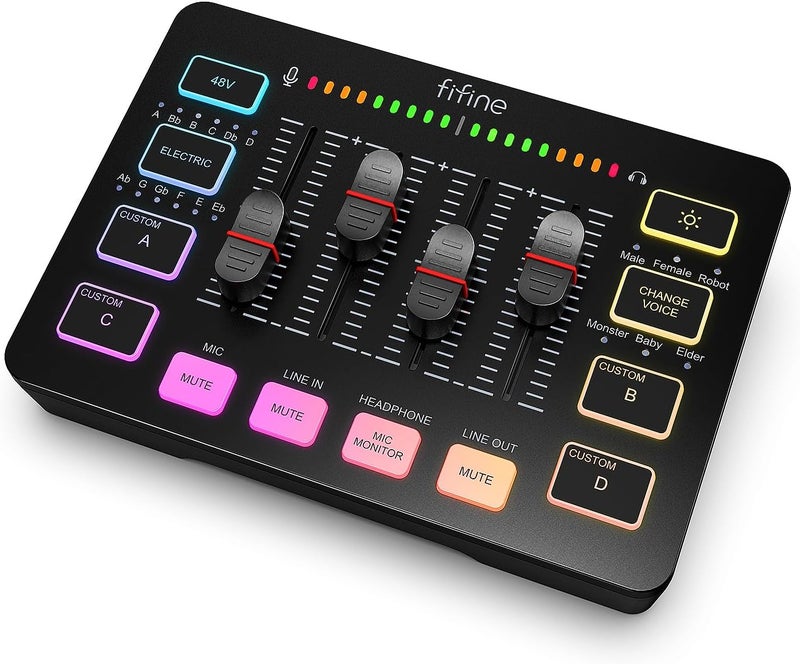 FIFINE Gaming Audio Mixer, Streaming RGB PC Mixer with XLR Microphone Interface, Individual Control, Volume Fader, Mute Button, 48V Phantom Power, for Podcast/Recording/Vocal/Game Voice-AmpliGame SC3 - Image 1