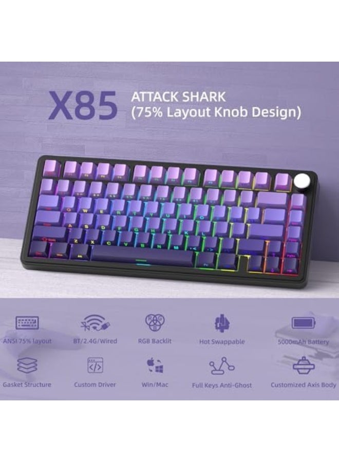 لوحة مفاتيح ميكانيكية X85 مع أزرار، لوحة مفاتيح ألعاب لاسلكية 75% (BT5.0/2.4G/USB-C) مع تعبئة بخمسة طبقات، RGB، سعة 5000 مللي أمبير، لوحة مفاتيح قابلة للتبديل بسلاسة مع طباعة جانبية من PBT (لون أرجواني) - Image 2