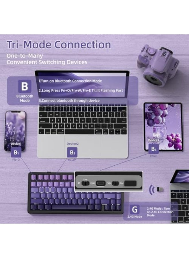 لوحة مفاتيح ميكانيكية X85 مع أزرار، لوحة مفاتيح ألعاب لاسلكية 75% (BT5.0/2.4G/USB-C) مع تعبئة بخمسة طبقات، RGB، سعة 5000 مللي أمبير، لوحة مفاتيح قابلة للتبديل بسلاسة مع طباعة جانبية من PBT (لون أرجواني) - Image 3