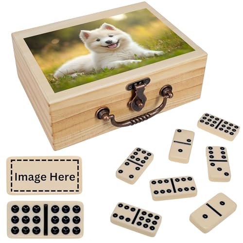 WE Games Custom Color Printed Image Double 9 Dominoes in Natural Wooden Treasure Box Dominoes Set for Adults Ivory Color Double Nine Domino Tile Games Personalized Domino Gift - Image 1