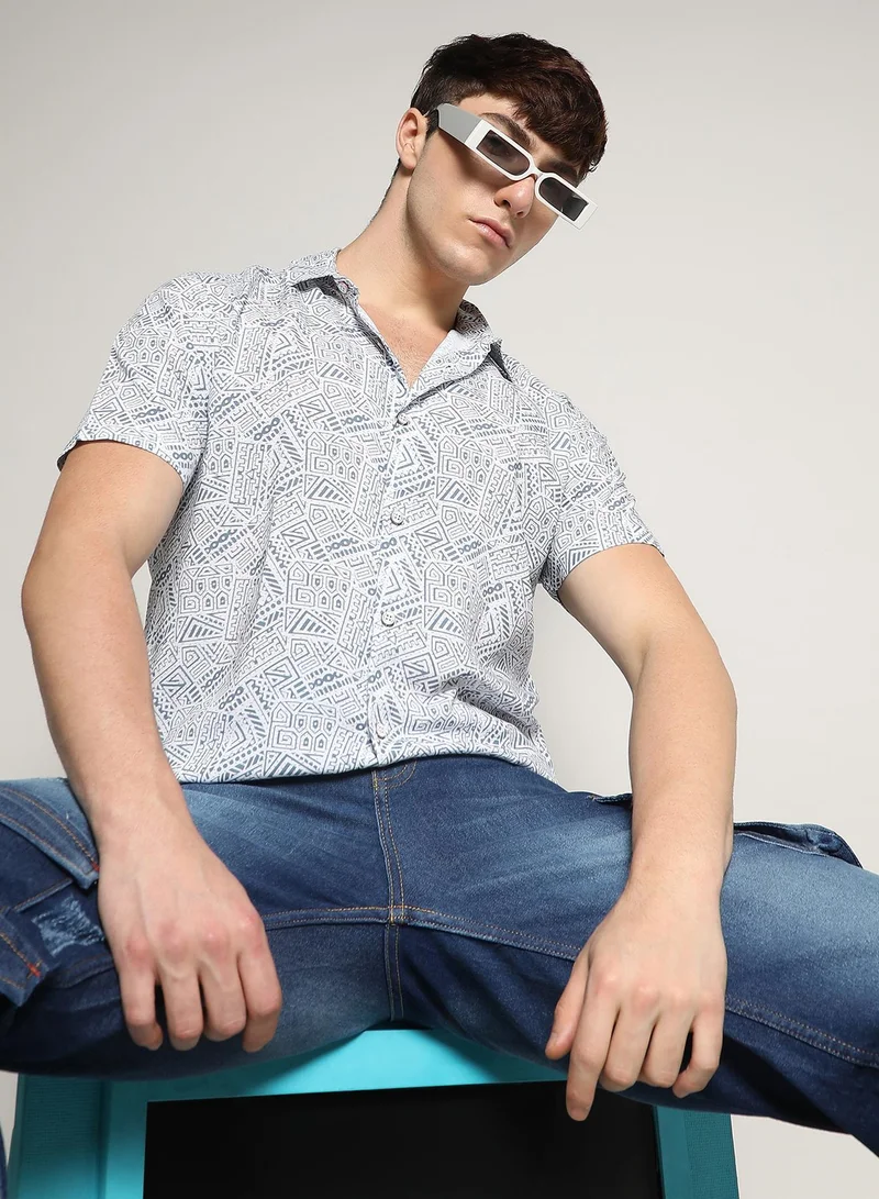 CAHOOT  Men's Ivory White:Prussian Blue Spiral Block Shirt for Men | Best Price UAE