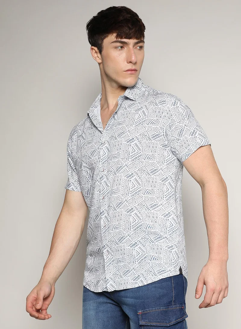 CAHOOT  Men's Ivory White:Prussian Blue Spiral Block Shirt for Men | Best Price UAE