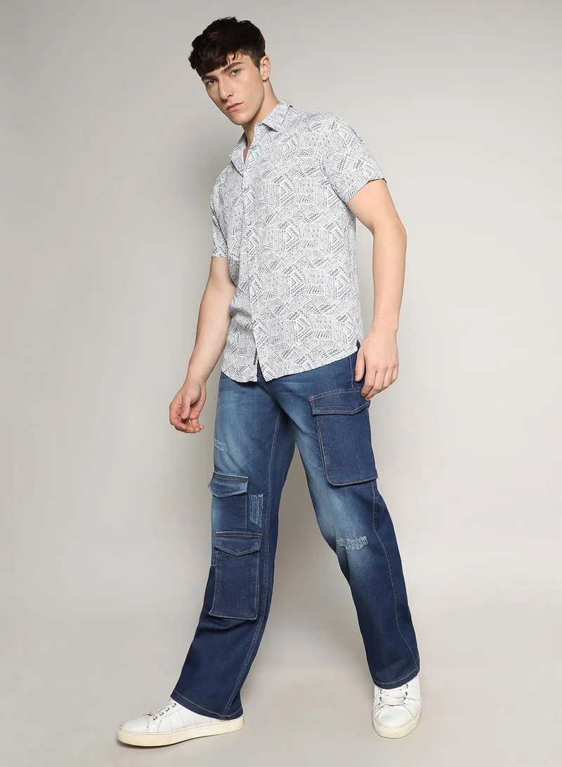 CAHOOT  Men's Ivory White:Prussian Blue Spiral Block Shirt for Men | Best Price UAE