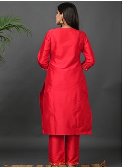 Riara Riara Embroidery Women Kurta Set With Dupatta Red Round Neck XL  - Image 4
